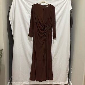 Ieena by Mac Duggal long brown evening dress with left front ruching.